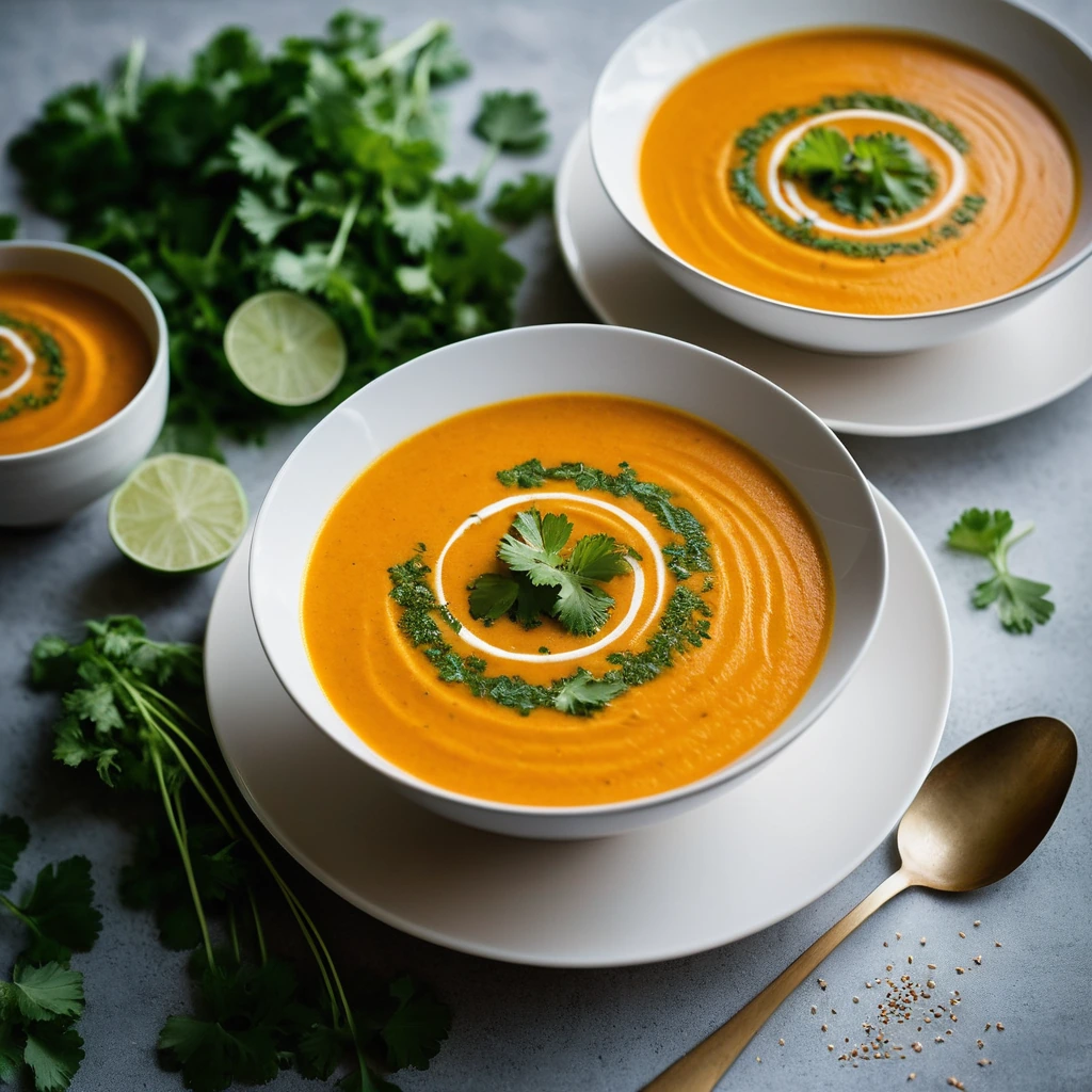 Bowl of vibrant orange soup with a swirl of coconut milk, garnished with fresh cilantro.