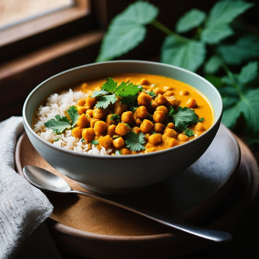 A bowl of vibrant orange and yellow curry stew topped with fresh cilantro.