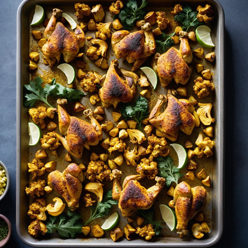 Sheet pan with golden roasted chicken pieces and caramelized cauliflower florets sprinkled with curry spices