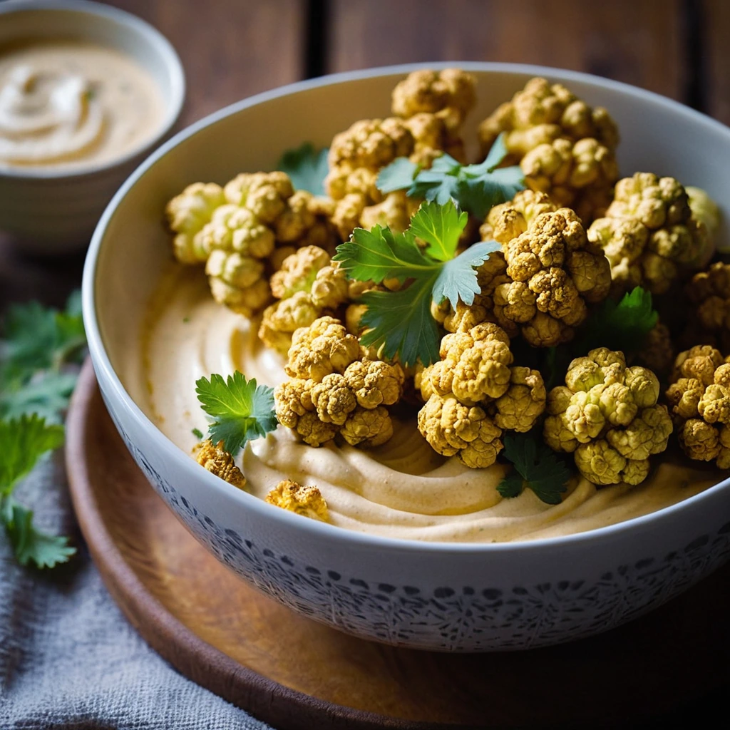 Golden roasted cauliflower florets drizzled with vibrant orange curry yogurt dip in a rustic bowl.