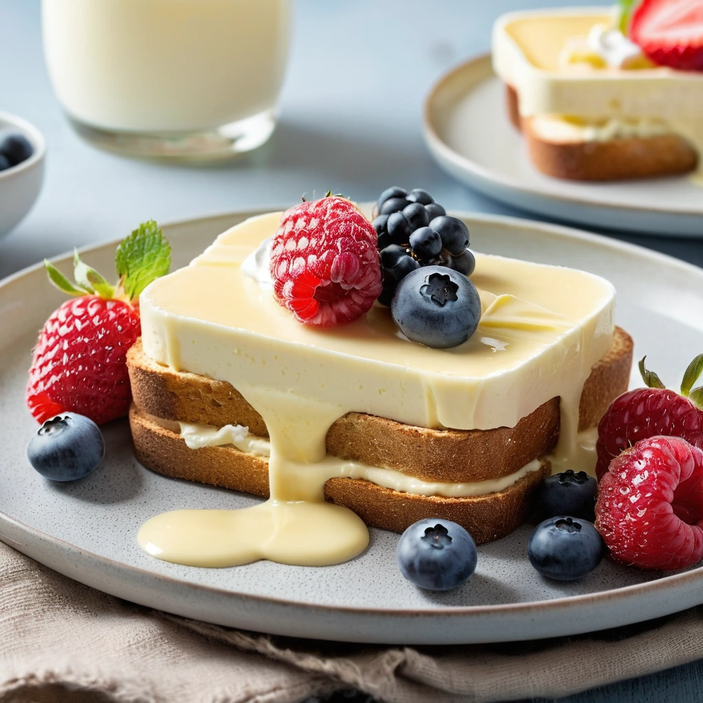 Golden toast slices topped with a creamy, pale yellow custard-yogurt spread, sprinkled with fresh berries.