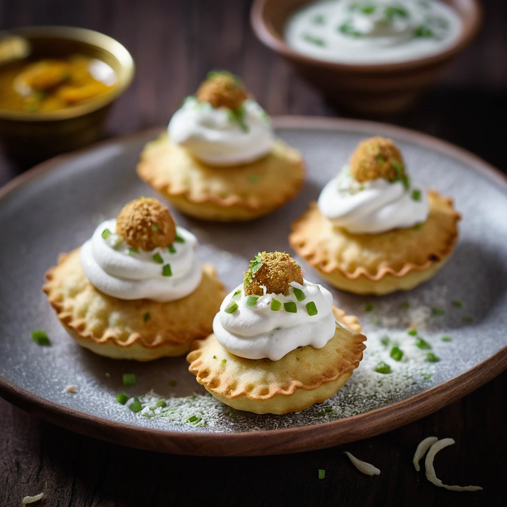Small golden crispy shells filled with yellow potato mixture, topped with white yogurt and drizzled with amber tamarind sauce.