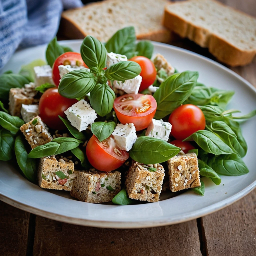Barley rusks topped with diced tomatoes, white mizithra cheese, and fresh herbs on a rustic wooden board.