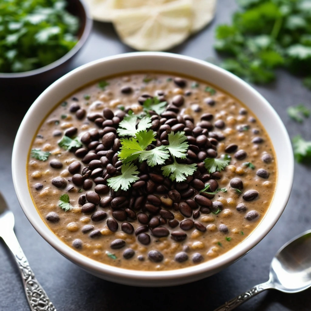 Rich, creamy black lentil and kidney bean curry in a deep bowl with a sprinkle of fresh cilantro.