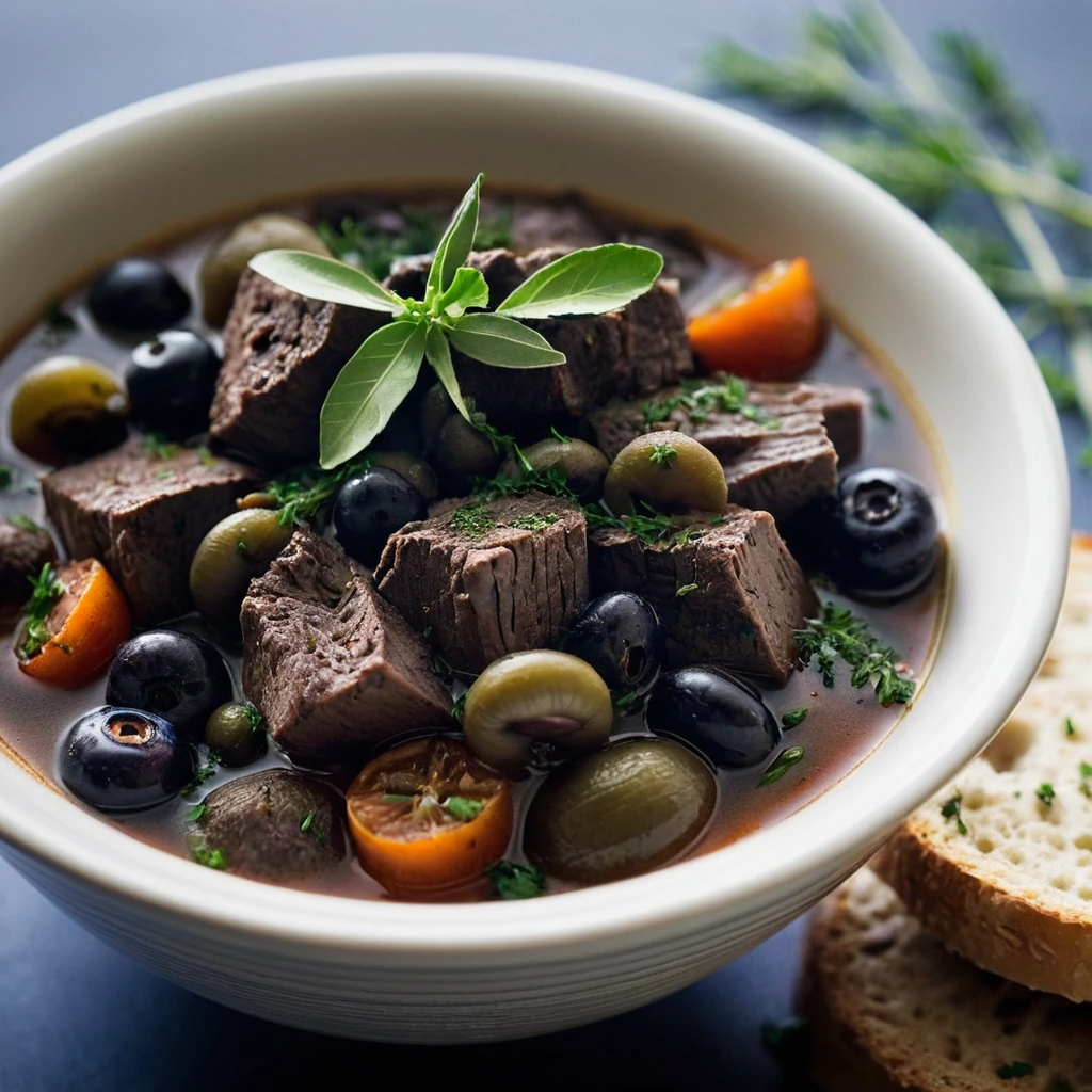 Steaming bowl of dark, savory beef stew with green herbs and black olives scattered throughout