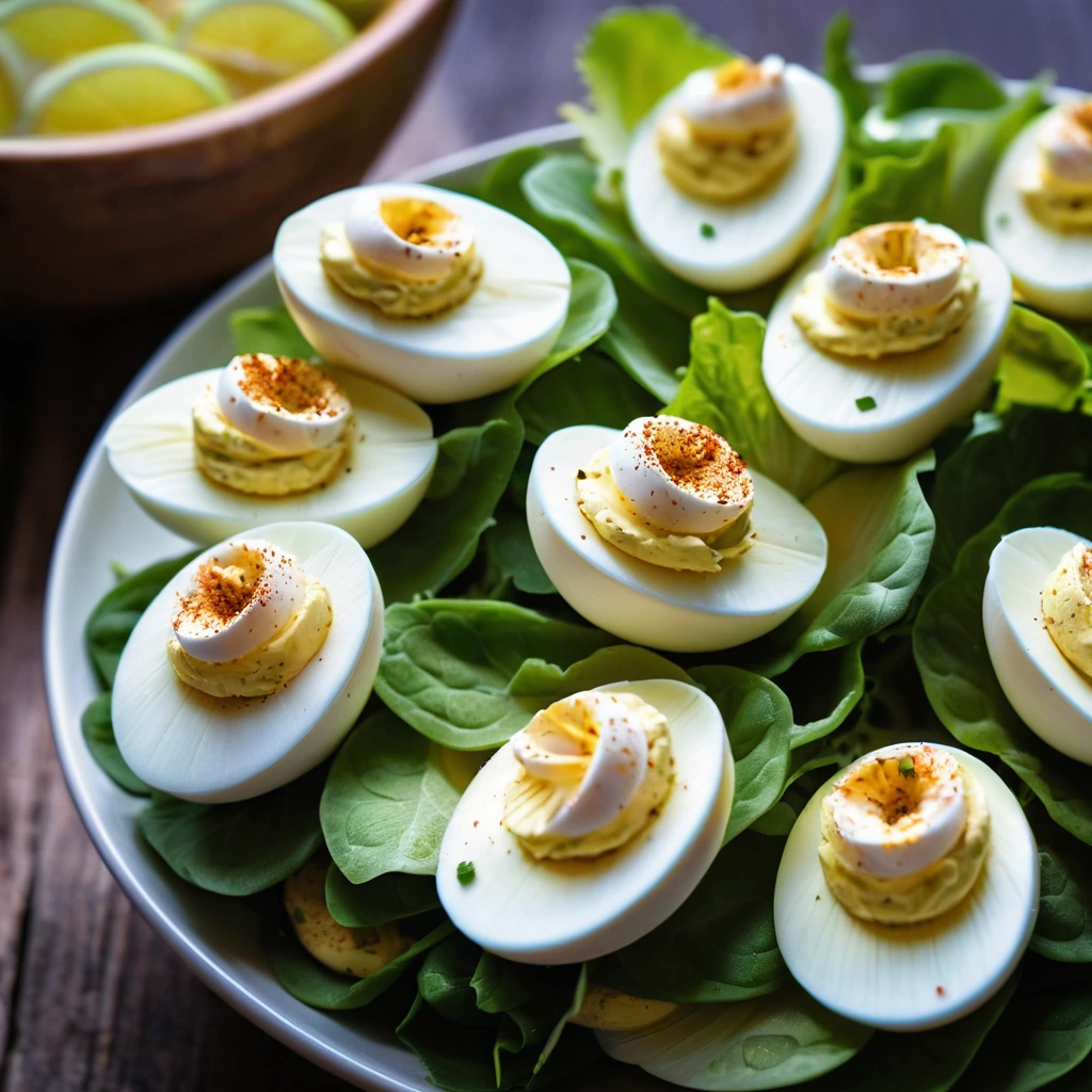 A bowl of vibrant yellow deviled egg salad sprinkled with paprika on a rustic wooden table.