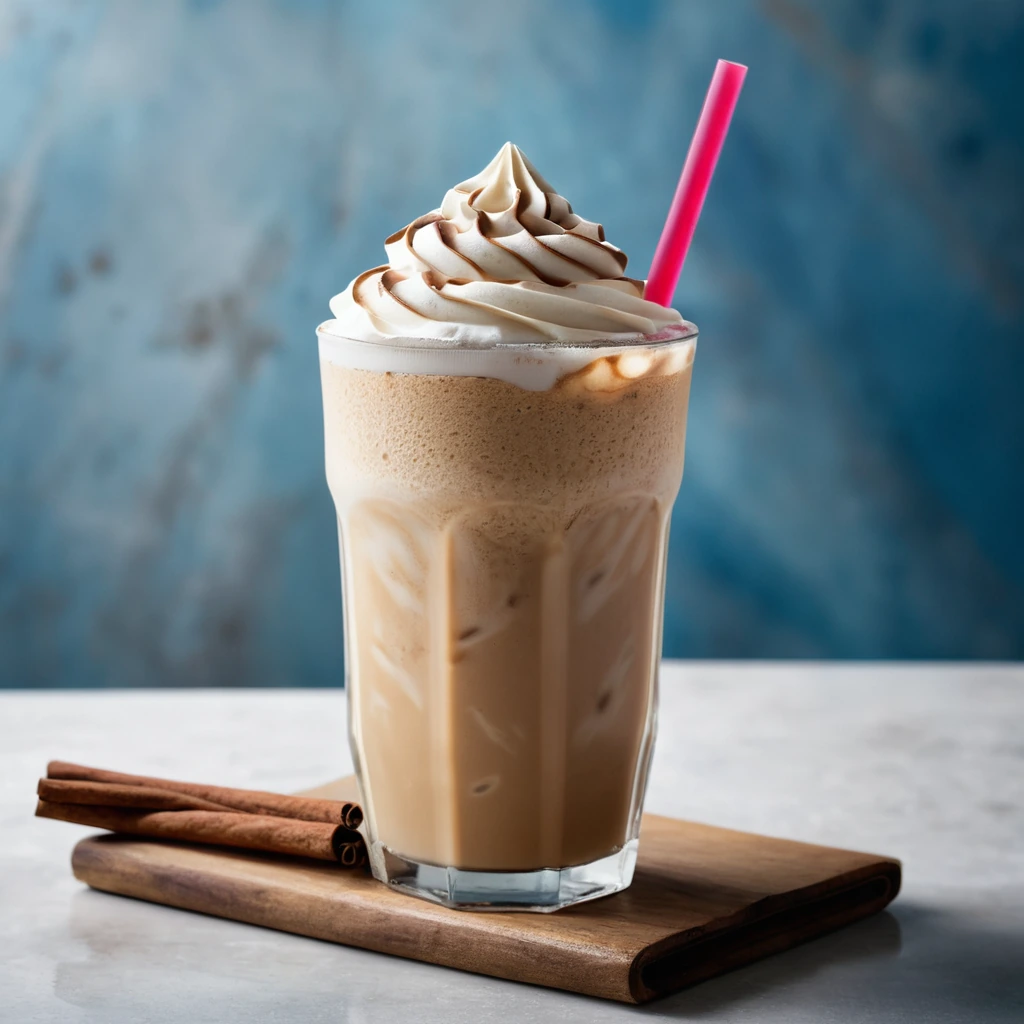 Tall glass of iced latte with a swirl of foam, sprinkled with cinnamon and a hint of nutmeg.