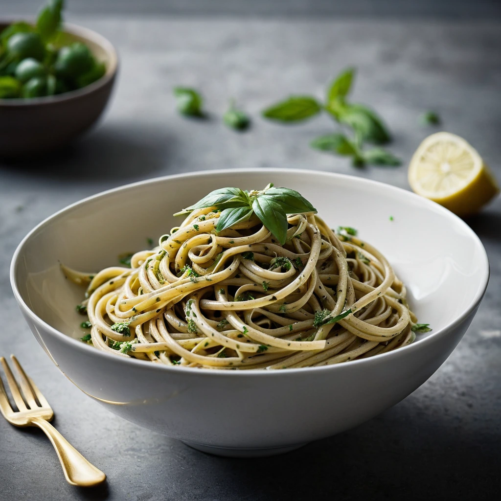 Golden linguine pasta in a glossy, dark olive sauce with fresh parsley sprinkled on top served in a shallow bowl.
