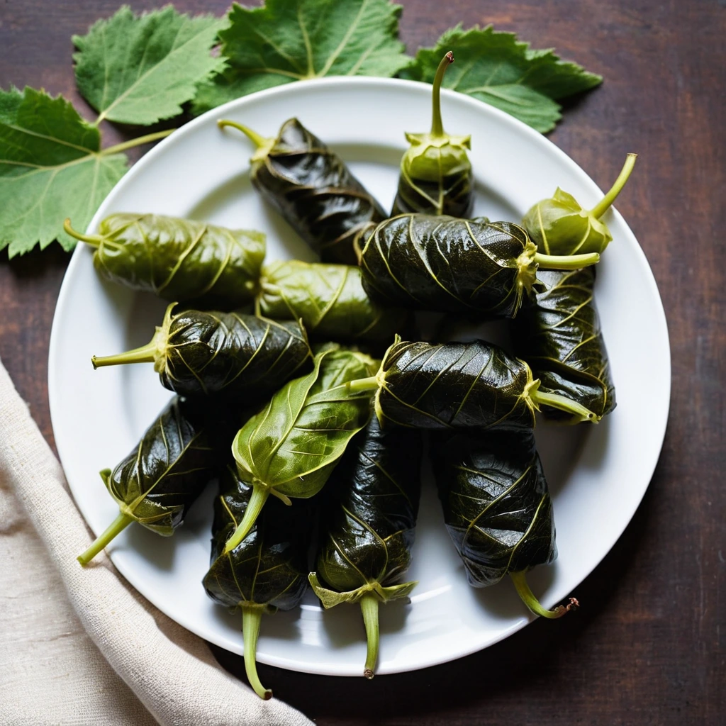 Neatly rolled grape leaves in a shallow bowl, green leaves contrasting with golden rice filling.