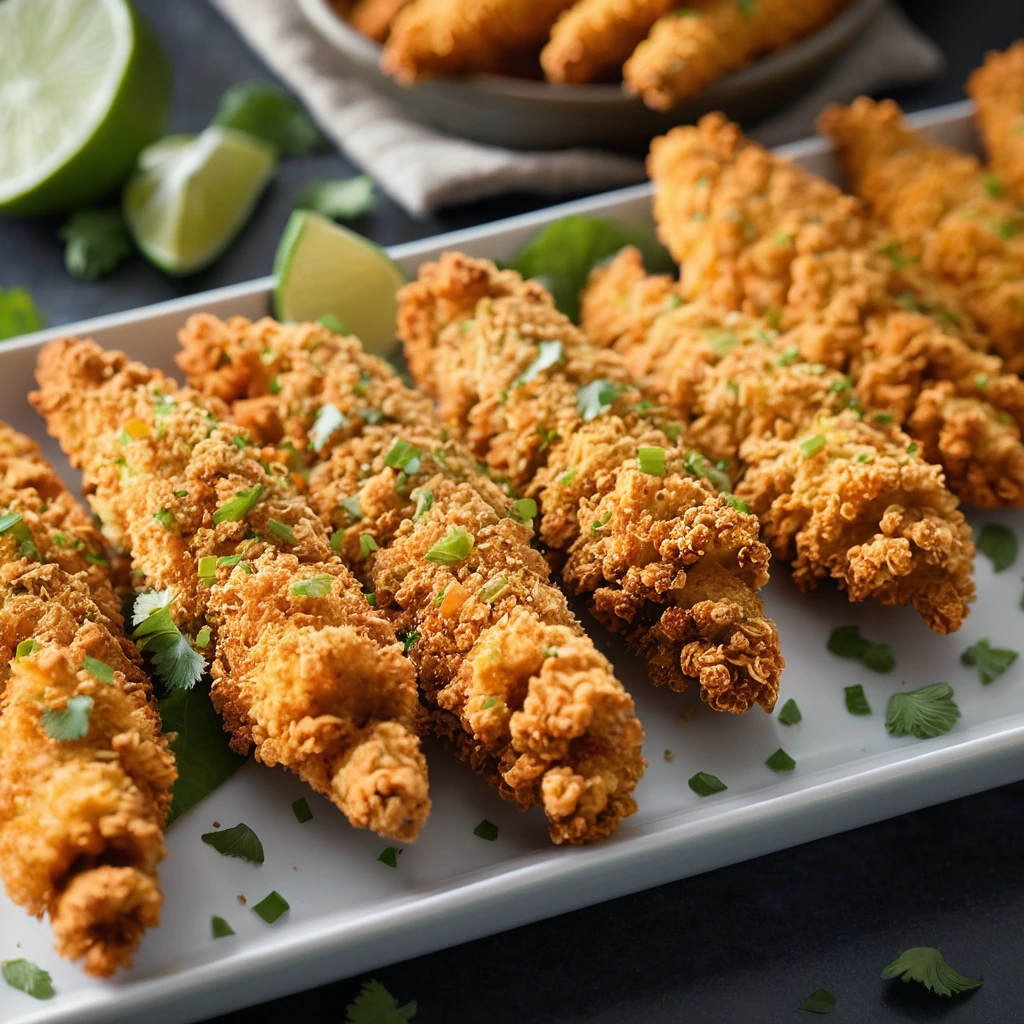 Golden chicken tenders coated in crushed Doritos, arranged on a platter with a sprinkle of green specks.