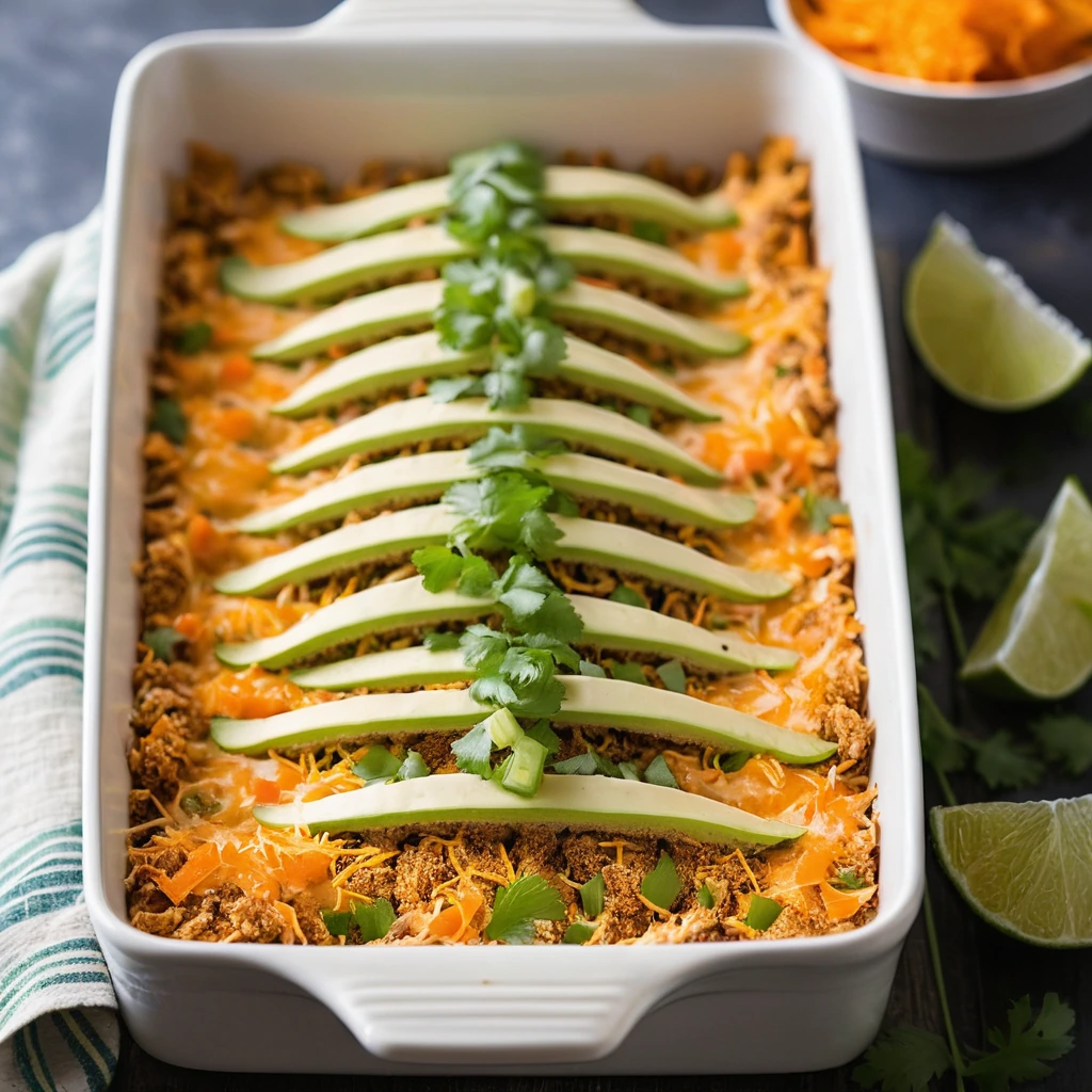 Baked casserole dish with golden Doritos crust, topped with melted orange cheddar and green onions.