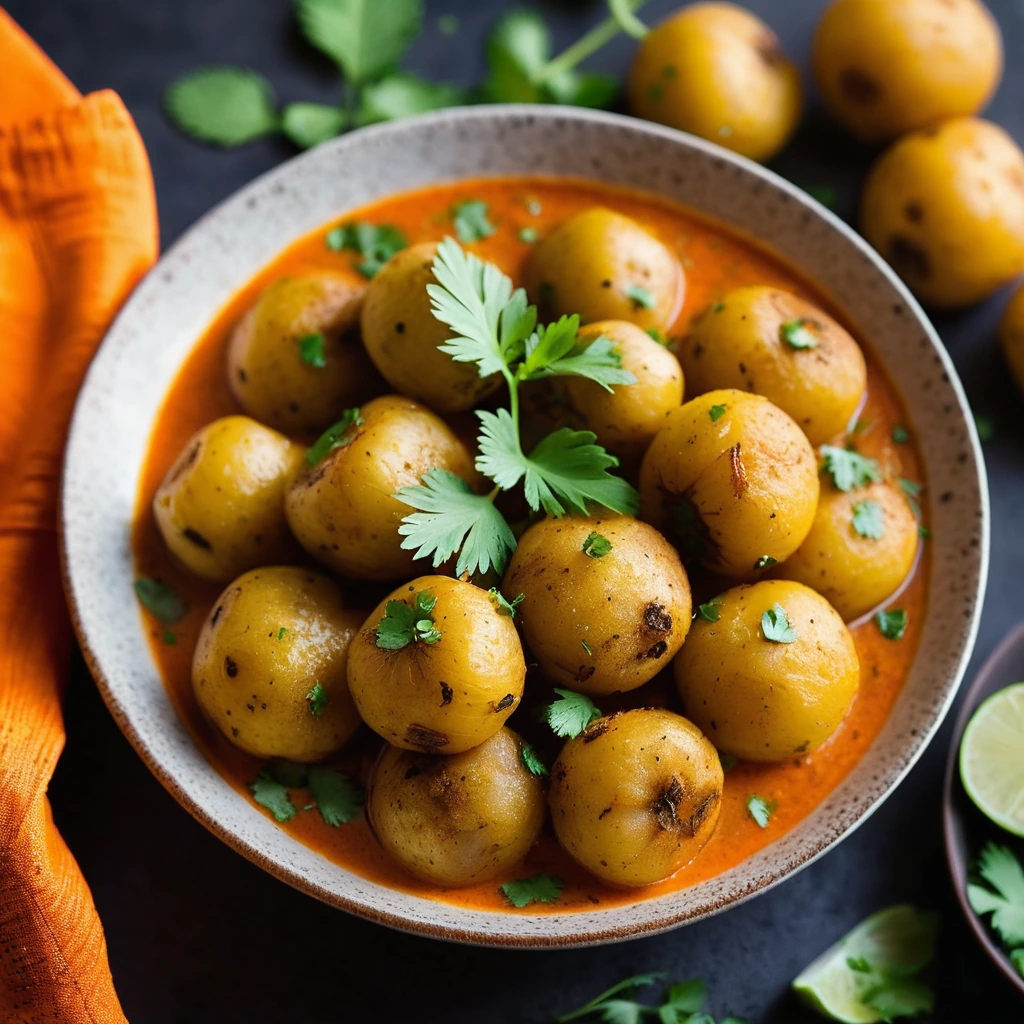 Golden baby potatoes nestled in a vibrant orange sauce with fresh cilantro leaves sprinkled on top in a serving bowl.