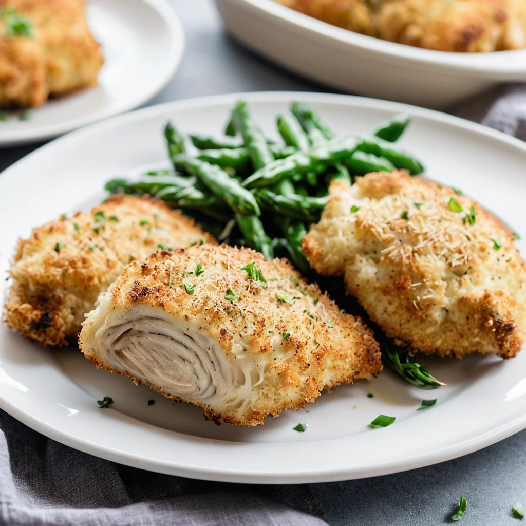 Baked chicken thighs with a golden parmesan crust on a white plate.