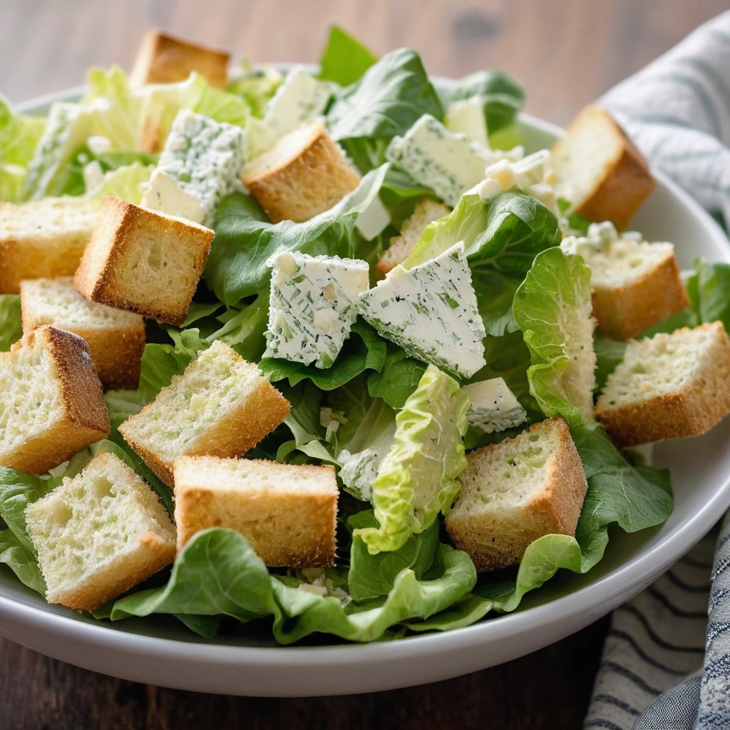 Large bowl of chopped romaine lettuce with creamy dressing, topped with golden croutons and grated Parmesan cheese.