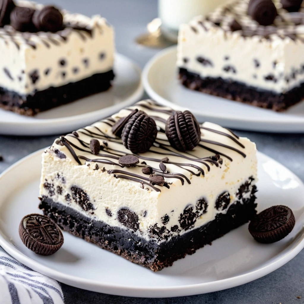 Golden rectangular bars with a dark cookie crust and creamy white filling, garnished with Oreo cookie crumbs.