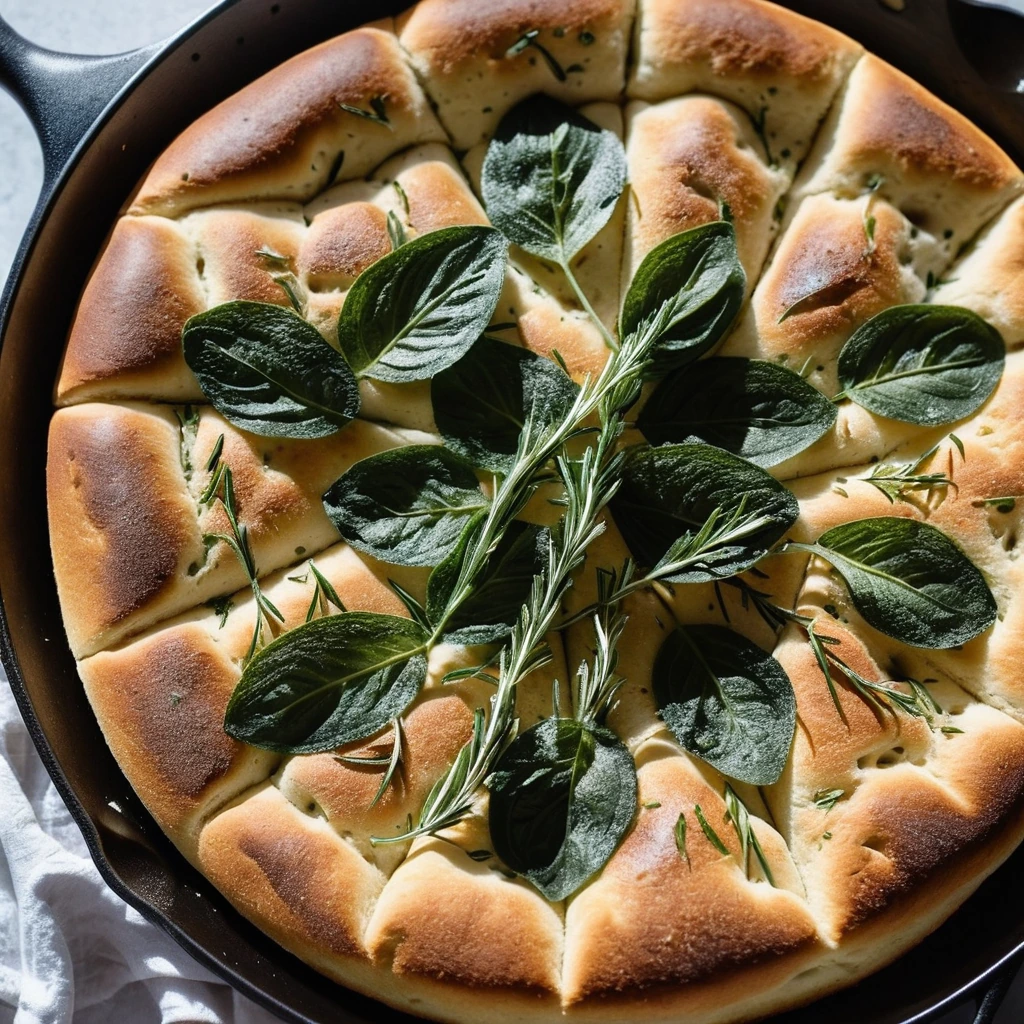 Golden brown focaccia in a skillet, dimpled and topped with herbs and coarse sea salt.
