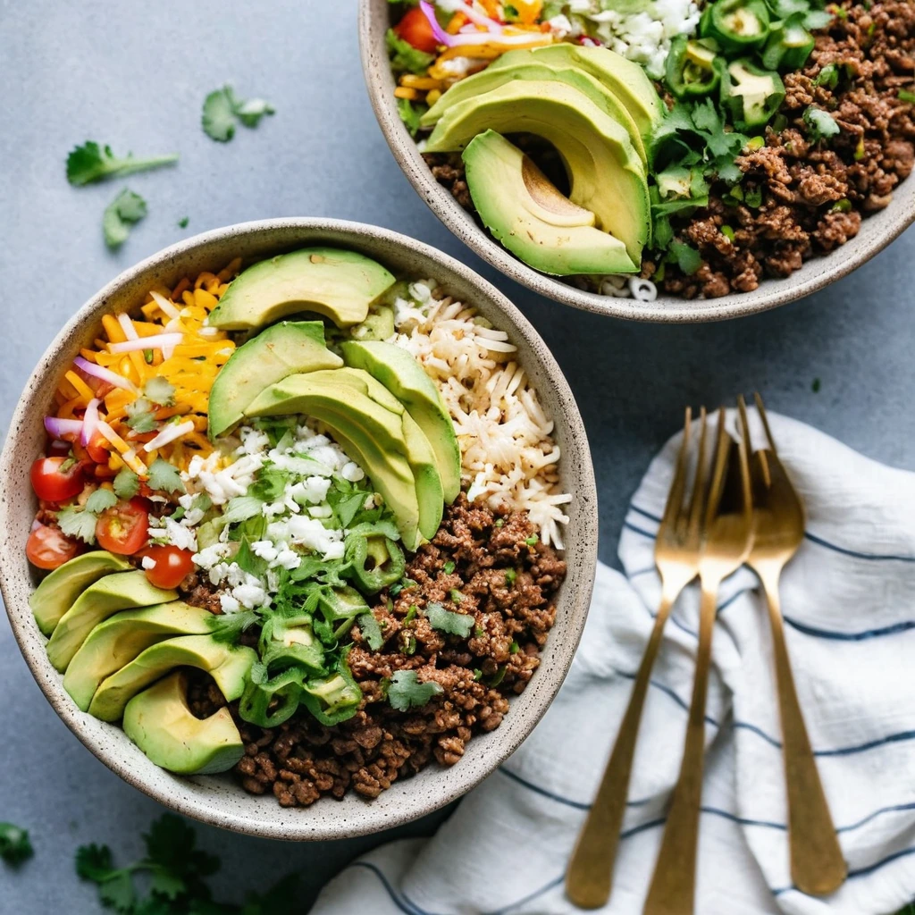A vibrant bowl with seasoned ground beef, rice, lettuce, salsa, avocado slices, and a sprinkle of cheese.
