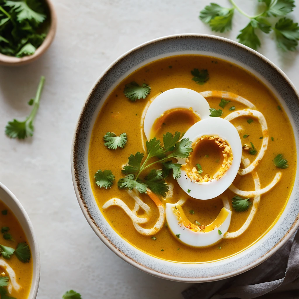 Golden curry broth with wispy egg ribbons in a deep bowl, garnished with fresh cilantro.