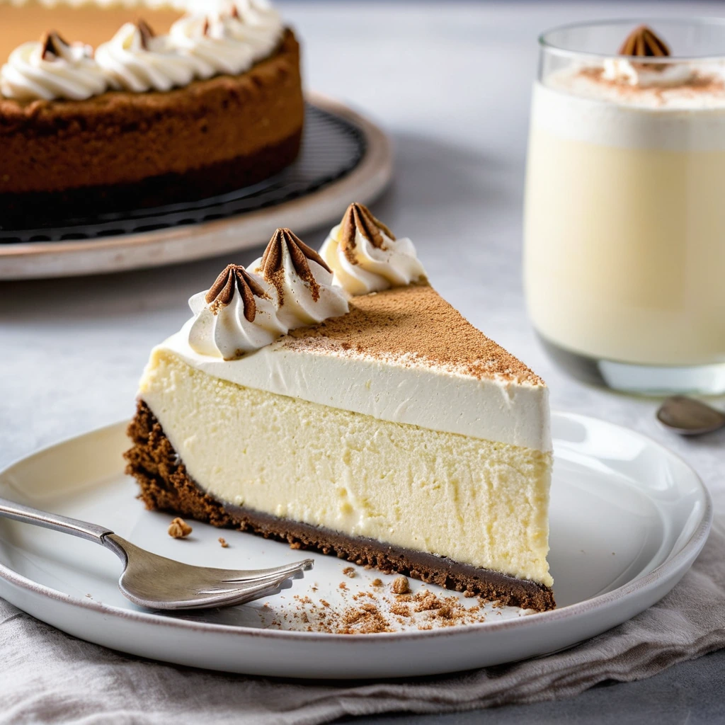 Golden gingersnap crust topped with creamy white eggnog cheesecake, garnished with a sprinkle of nutmeg.