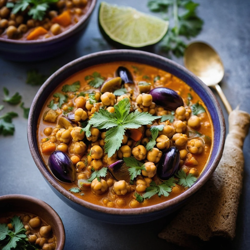 Steaming bowl of golden-orange stew with chunks of eggplant and chickpeas, dusted with fresh cilantro.