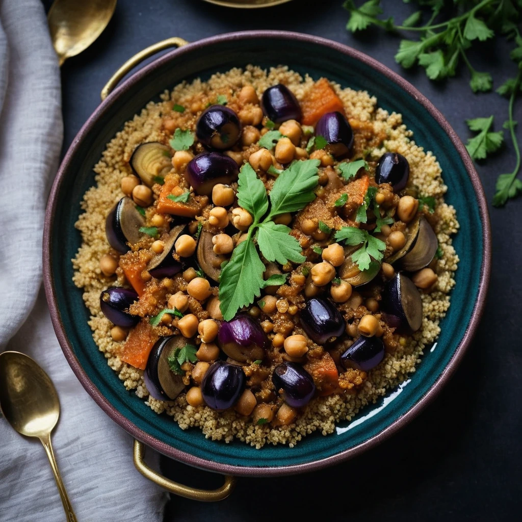 Steamed couscous topped with a colorful stew of eggplant and chickpeas in a tagine dish