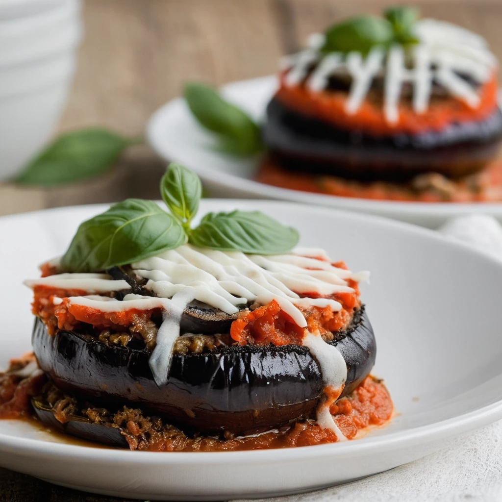 Portobello mushrooms stuffed with eggplant and cheese, topped with tomato sauce and melted mozzarella.