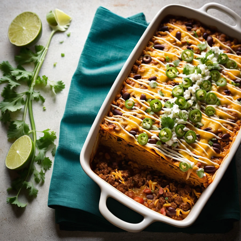 Baked casserole in a rectangular dish topped with melted cheese and green onions.