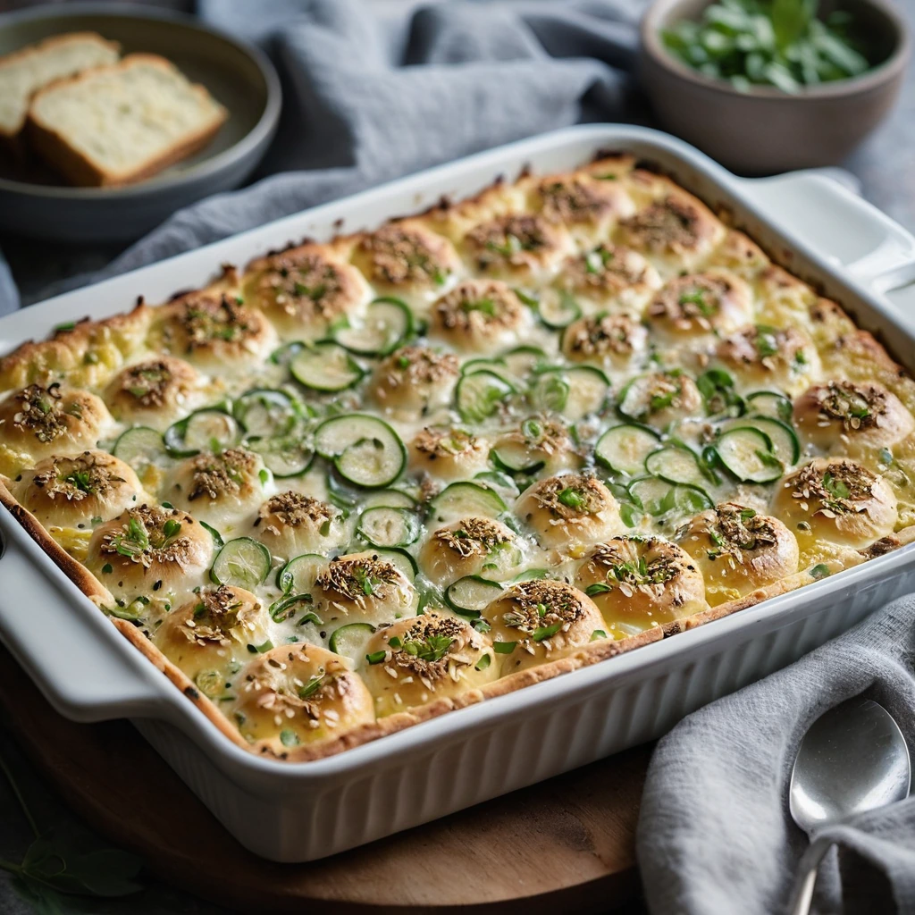 Golden casserole in a baking dish with melted cheese and green scallions on top, served in a rustic plate.