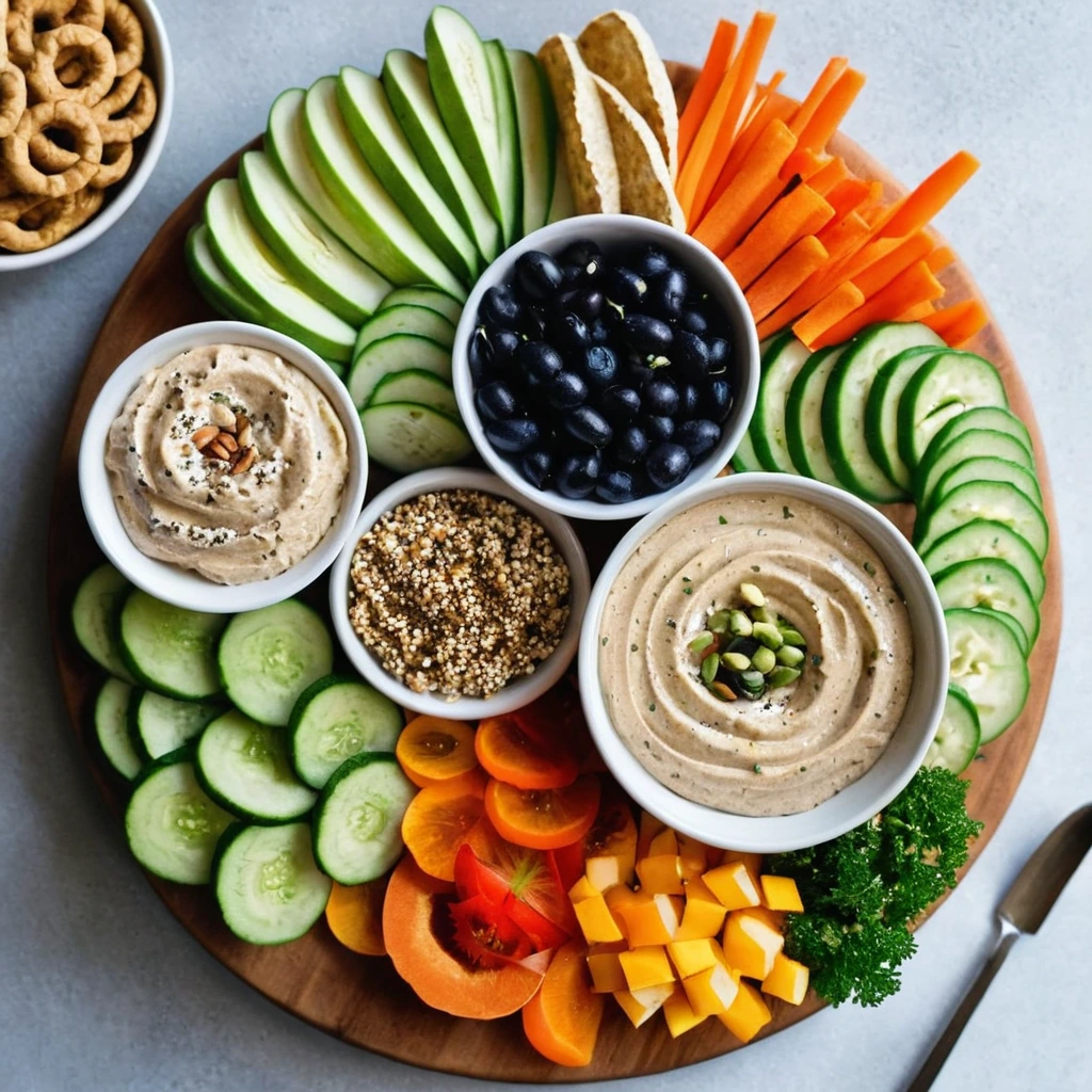 Colorful platter with hummus, vegetables, and sesame seeds arranged artfully.