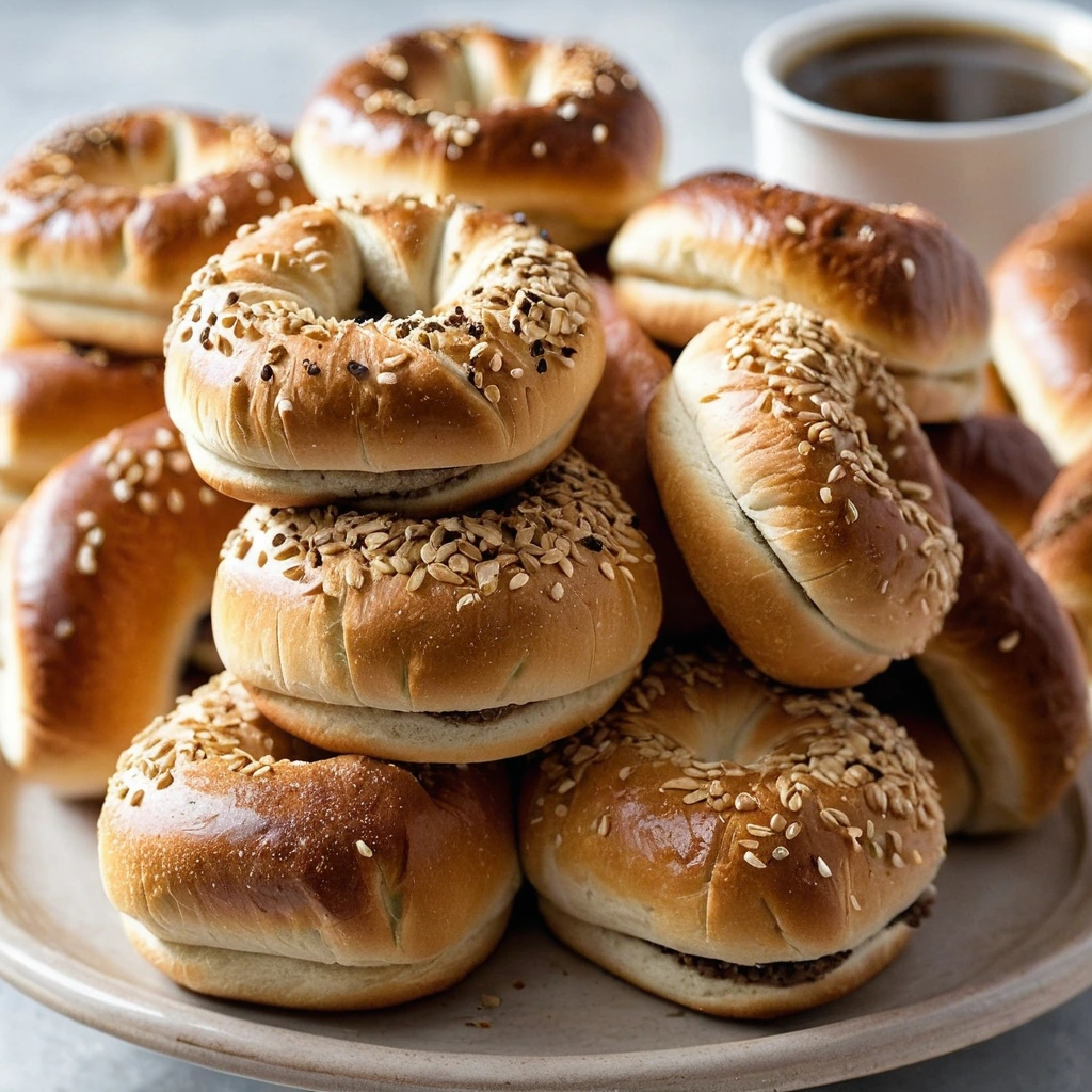 Circular arrangement of crescent rolls stuffed with sausage links, sprinkled with sesame seeds and spices, baked golden brown.