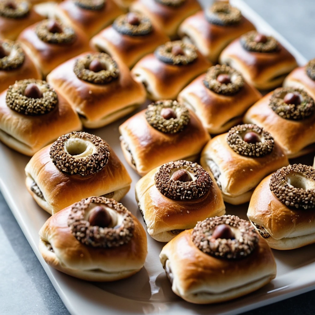Baked pigs in a blanket with everything bagel seasoning, arranged on a platter with melted butter glaze.