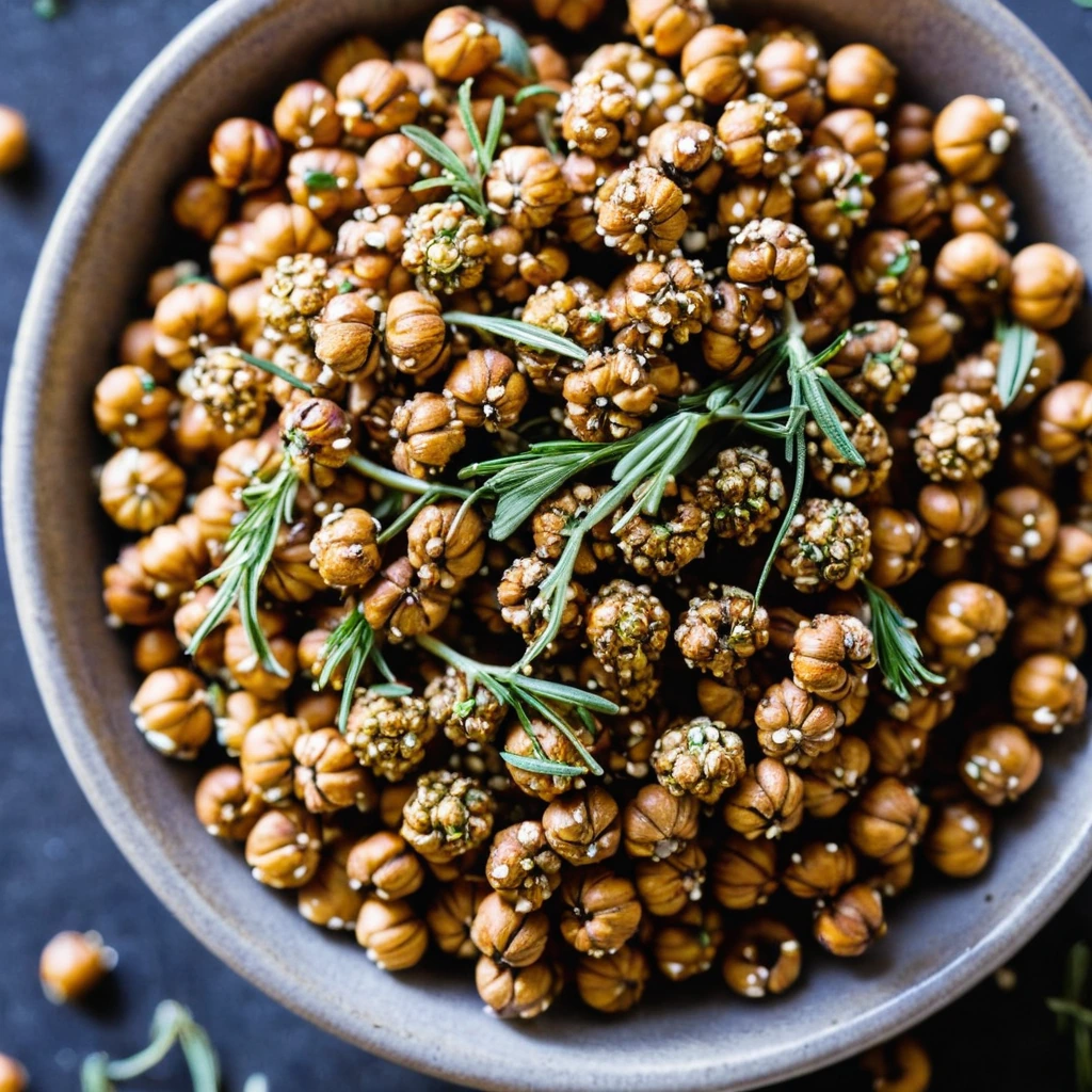 Bowl of golden roasted chickpeas sprinkled with everything bagel seasoning, nestled among sesame seeds and dried herbs.