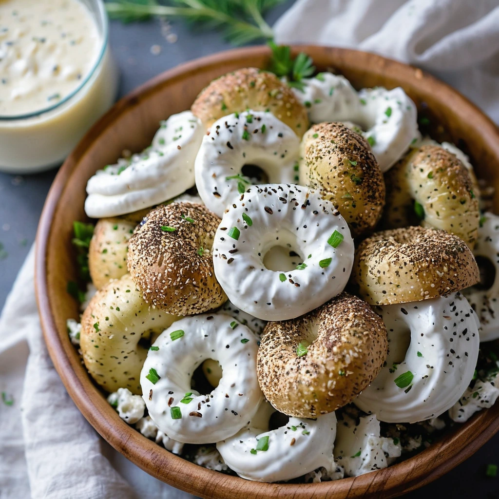 Golden roasted potatoes smothered in creamy white sauce, sprinkled with dark everything bagel seasoning.