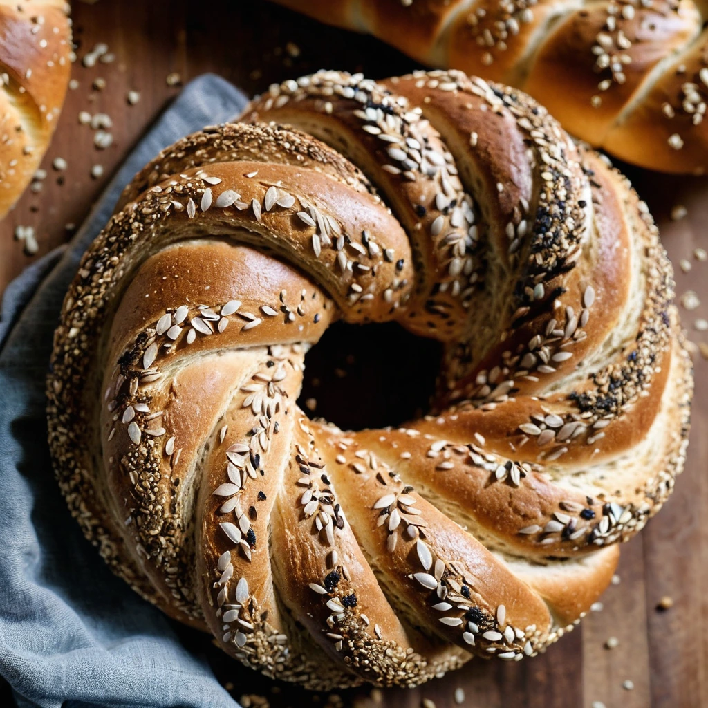 Golden brown twisted bread with sesame seeds and everything bagel seasoning on a rustic wooden board.