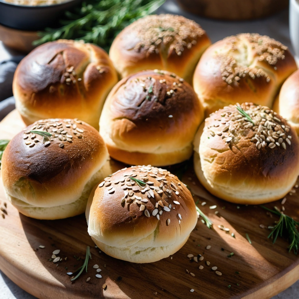 Golden dinner rolls sprinkled with everything seasoning on a wooden board.