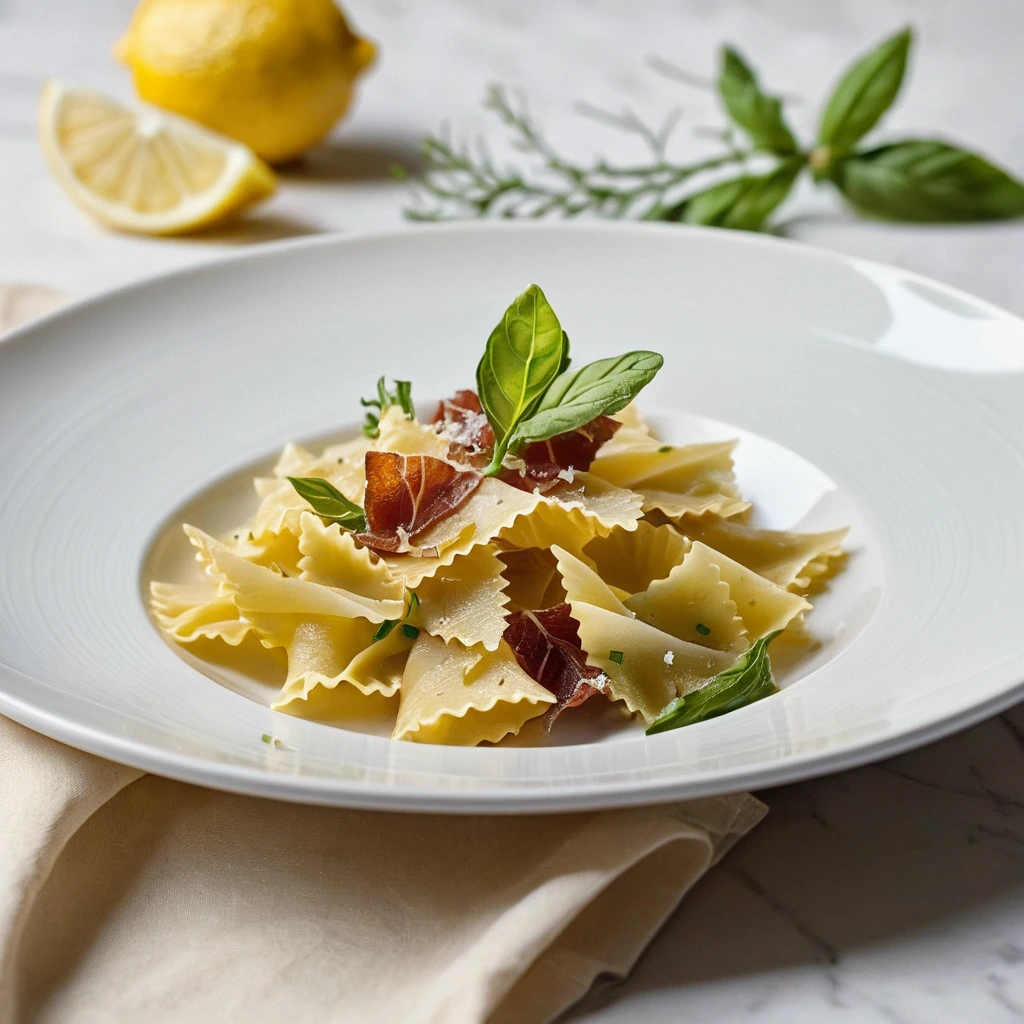 Golden farfalle pasta in a glossy lemon sauce with crispy, golden prosciutto on a white plate.
