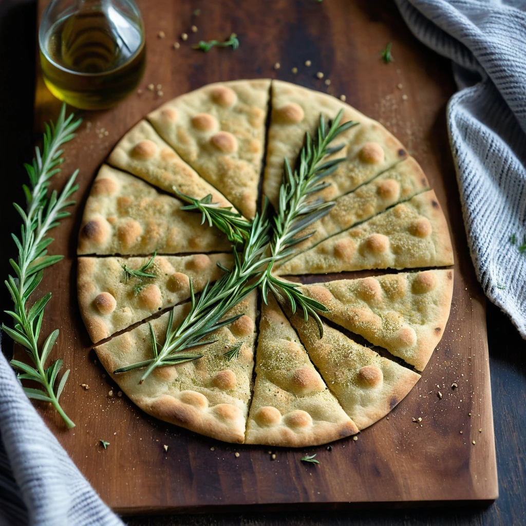 A round golden flatbread with a bubbly surface, dusted with fresh rosemary and served on a rustic wooden board.