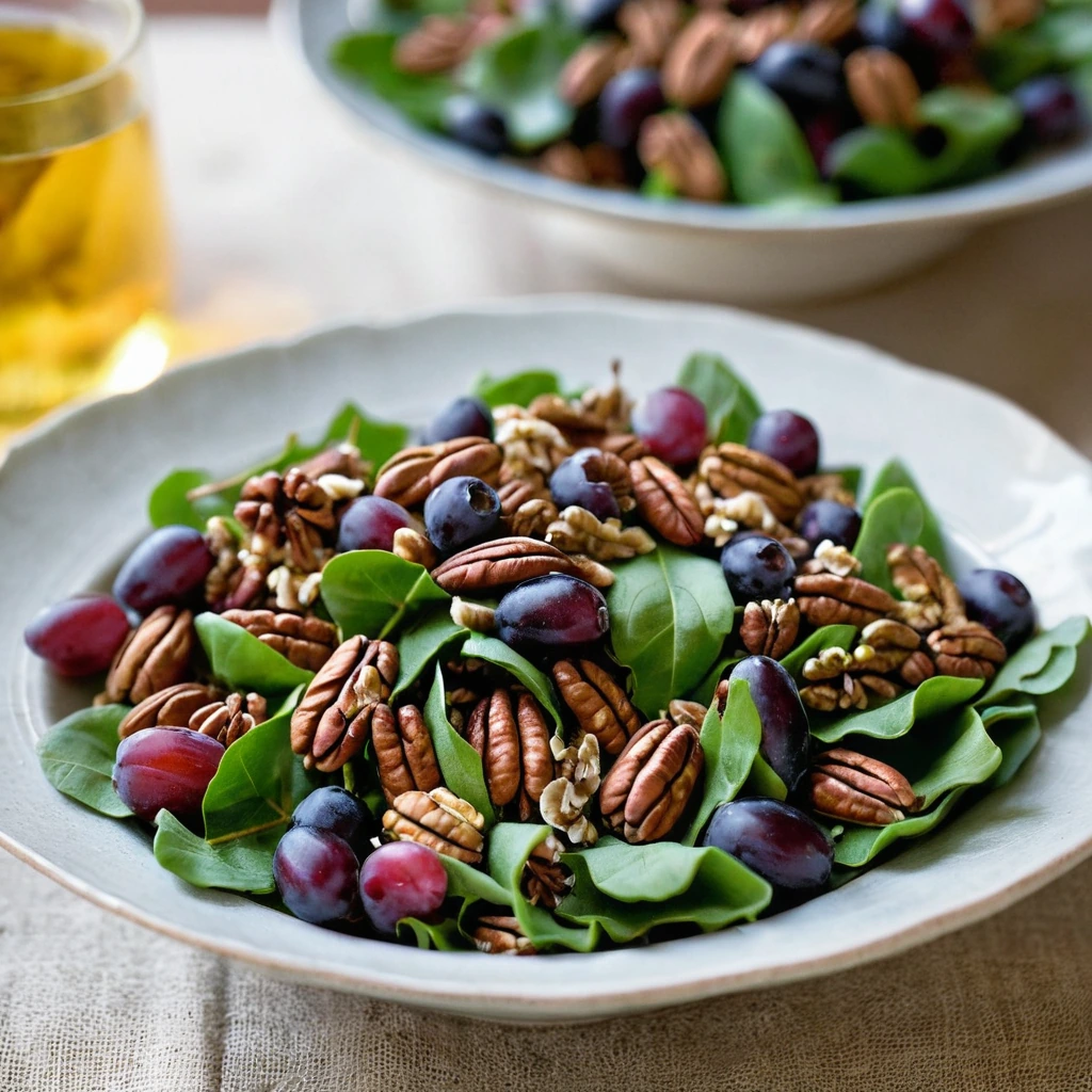 Colorful salad with golden roasted grapes and toasted pecans on a bed of green farro