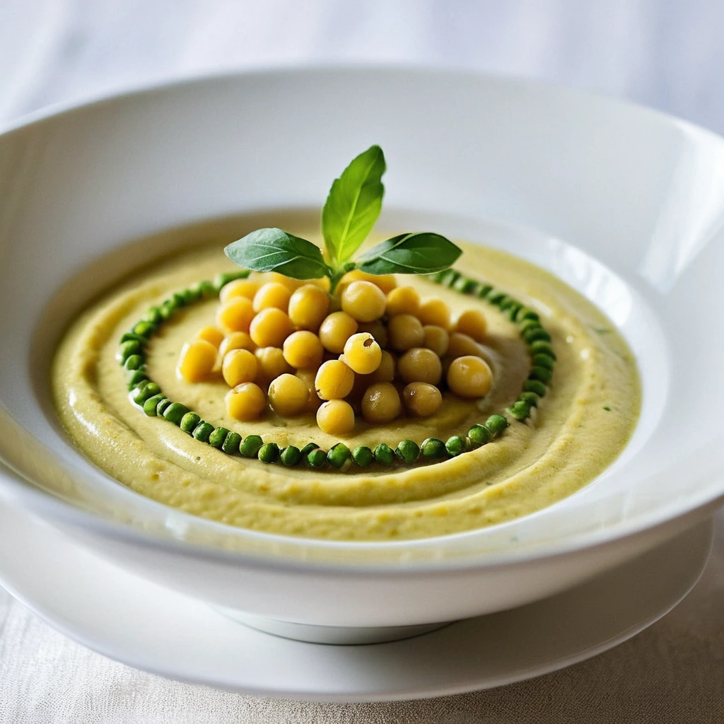 Golden yellow purée in a white bowl, garnished with fresh herbs and a drizzle of olive oil.