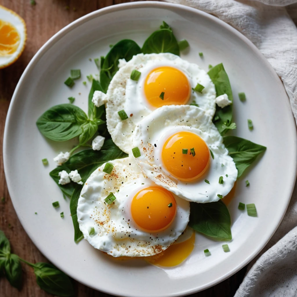 Two golden fried eggs nestled in a bed of creamy white feta on a rustic plate.