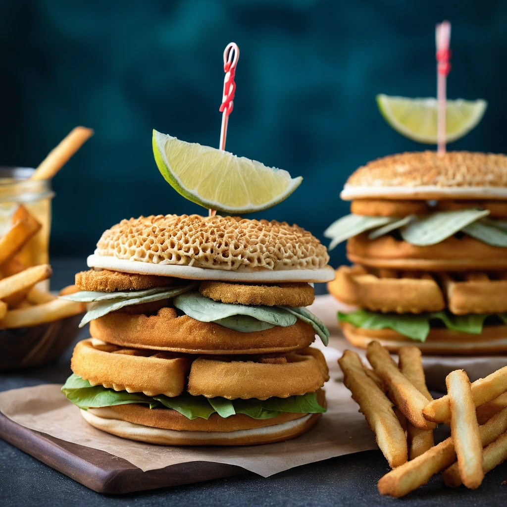 Stacked sandwiches with golden fish sticks and crispy waffle fries, toasted in a sesame seed bun