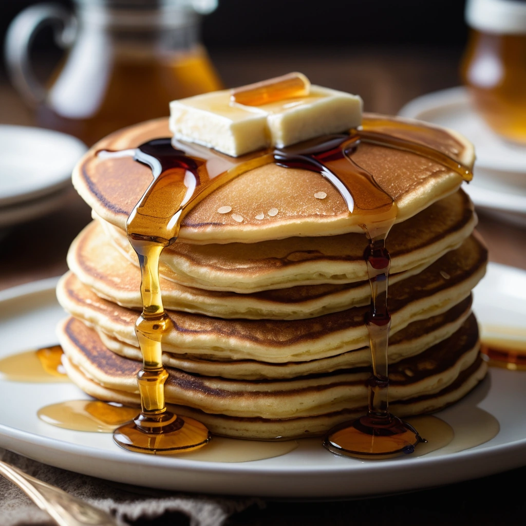 Stack of golden pancakes with butter and amber maple syrup pooled on top, served on a rustic plate.