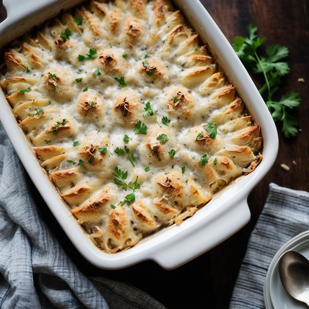 A golden-brown casserole in a baking dish, topped with melted cheese and a sprinkle of fresh parsley.