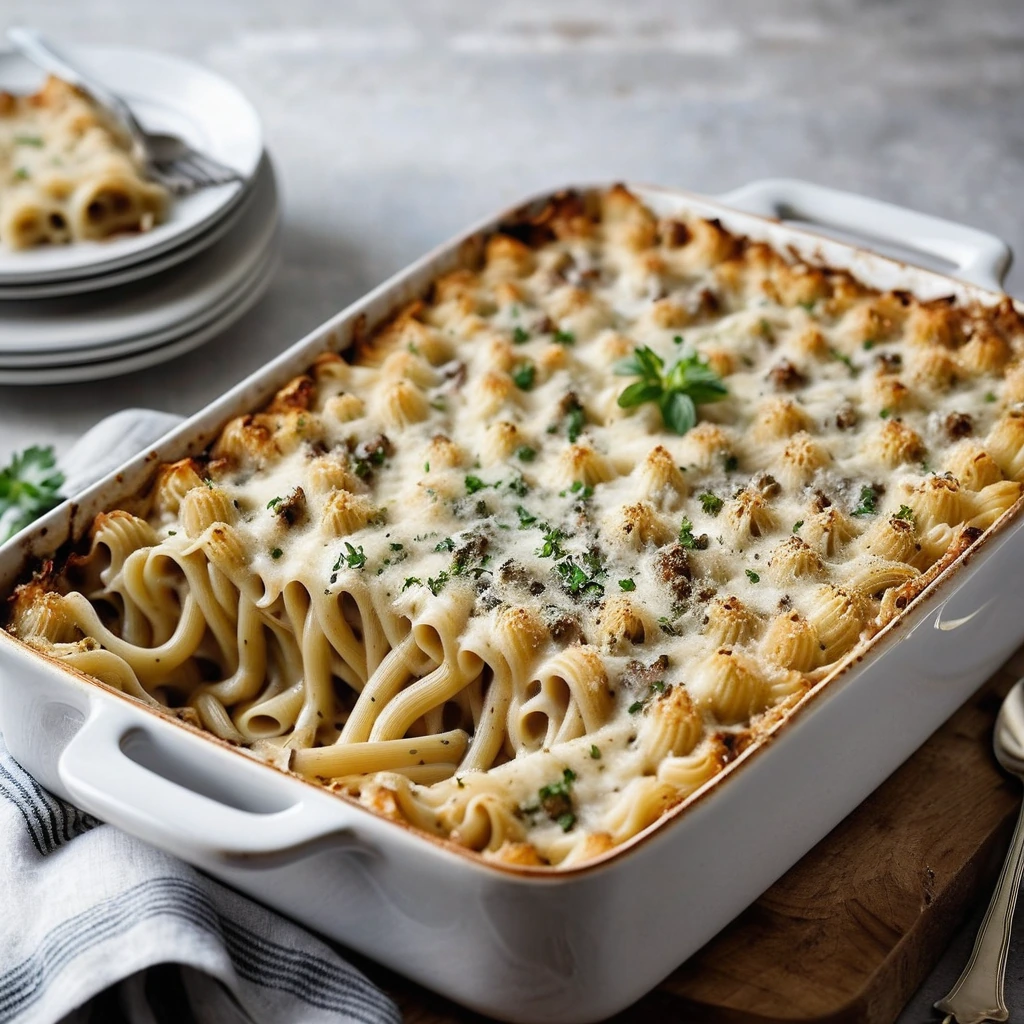 Golden bubbly pasta bake topped with melted cheese and fresh parsley in a baking dish.