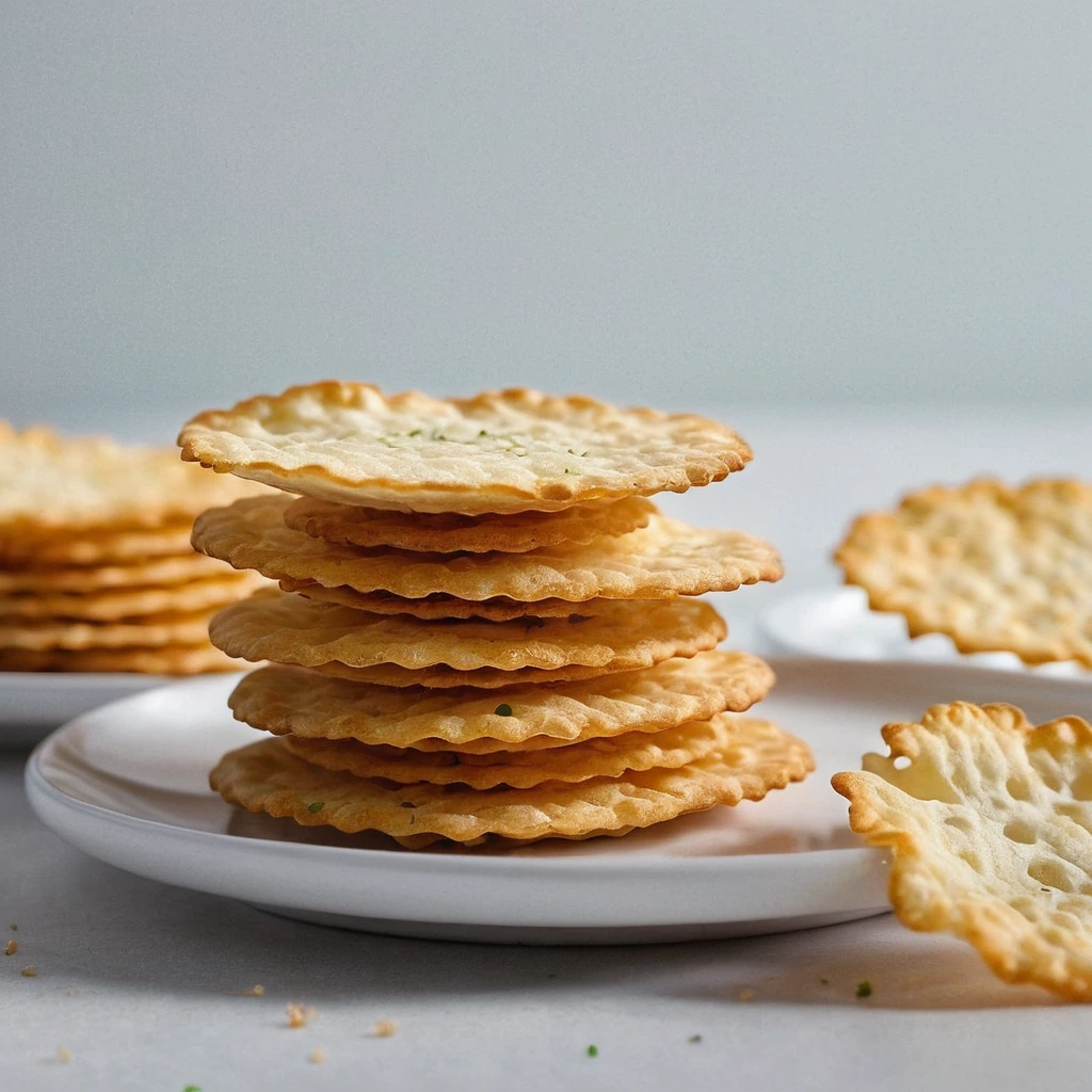 Stacked golden cheese crisps on a white plate with a sprinkle of herbs