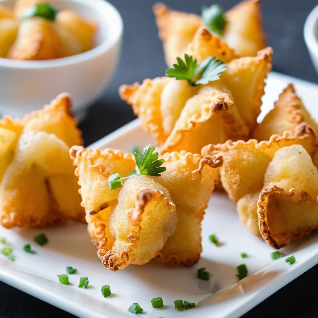 Golden fried wonton bites arranged on a white plate with a sprinkle of parsley