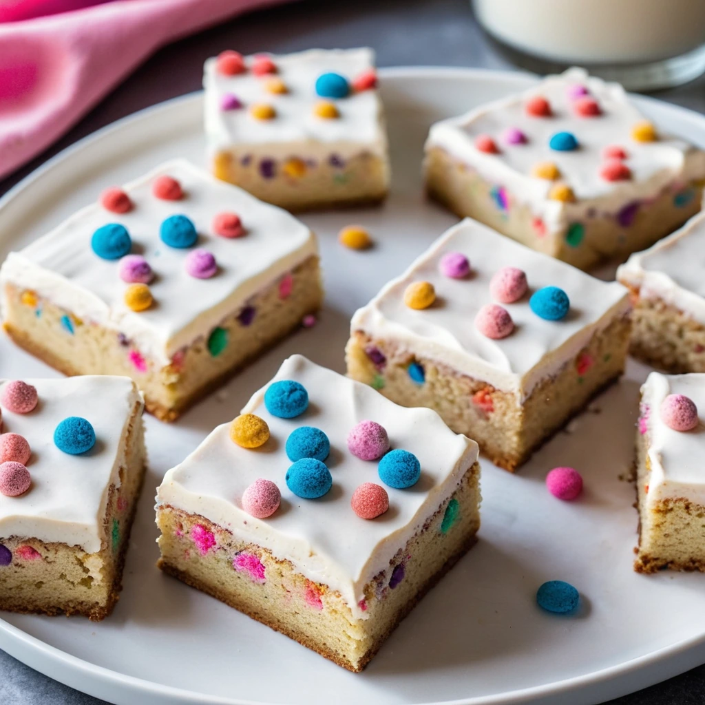 Golden blondies speckled with colorful animal cookies, topped with a smooth white frosting.