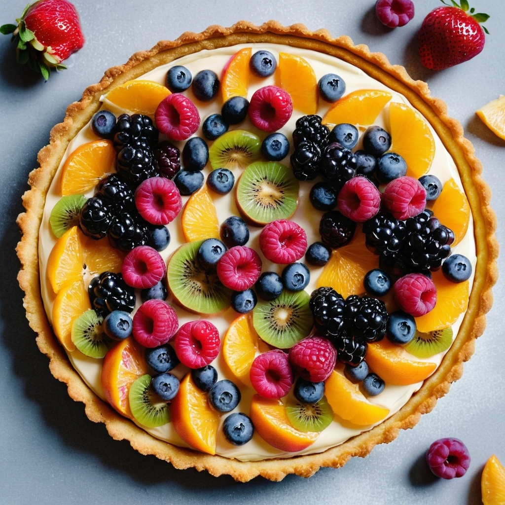 Colorful fruit slices arranged on a golden tart crust with creamy filling in a round serving plate.