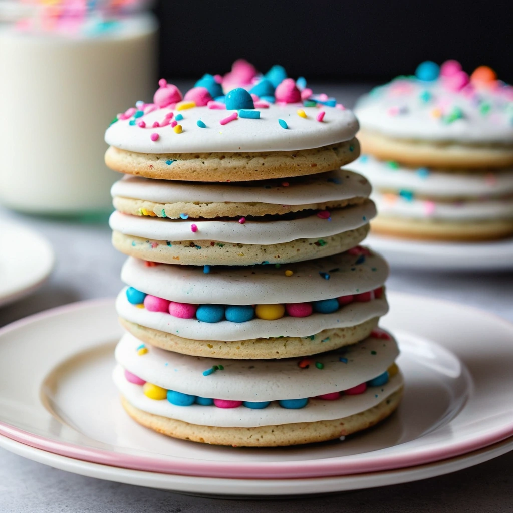 Stacked cookies with white frosting and colorful sprinkles on a plate