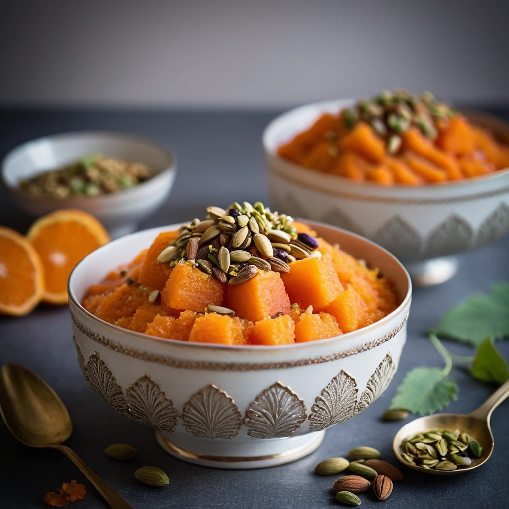 Golden orange carrot pudding in a serving bowl, dusted with pistachios and cardamom.